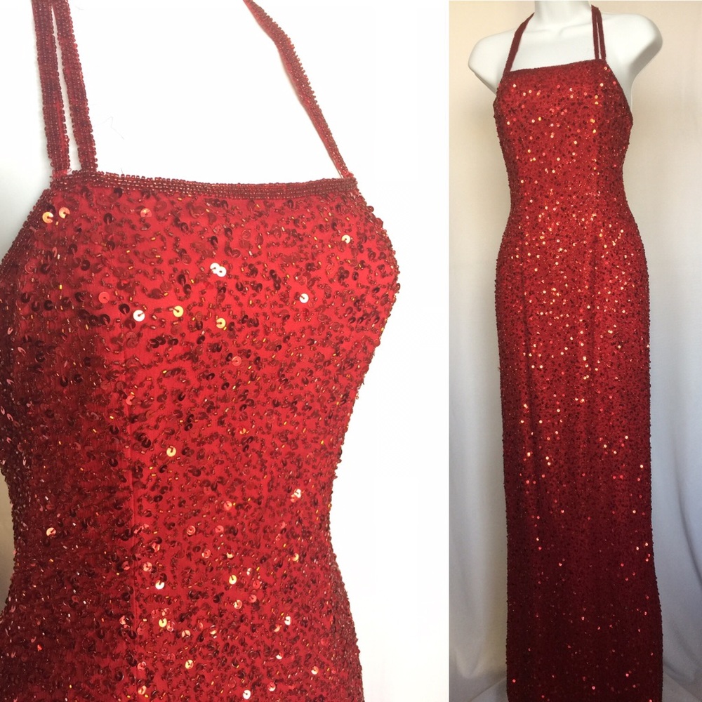 Red beaded 100%silk vintage Scala gown